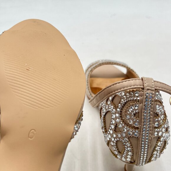 XYD Champagne Peep Toe D'Orsay Kitten Heel Rhinestone Studs Ankle Strap Sandal - Picture 6 of 8
